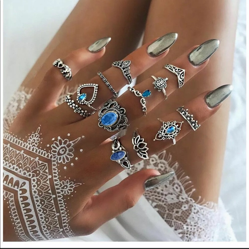 Beautiful SkyBlue Crystal Midi Boho 13pc Ring Set